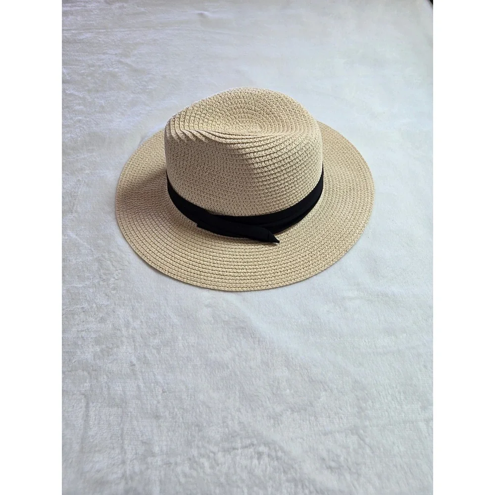 Beige Woven Straw Fedora Wide Brim Sun Hat with Black Ribbon Band Adjustable‎